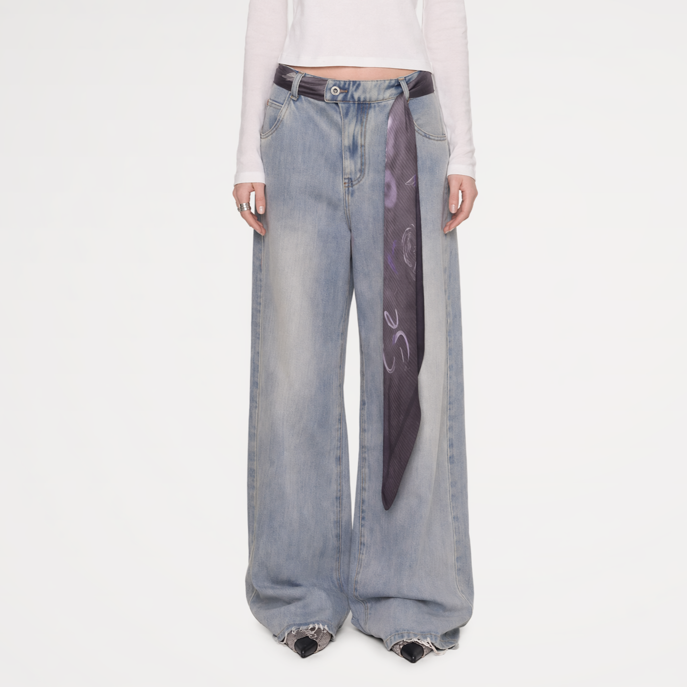 Scarf Tie Wide-Leg Jeans