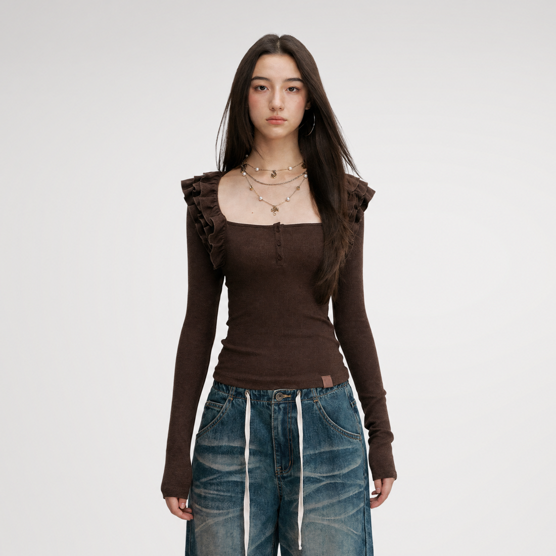 Ribbed Ruffle Square Neck Top