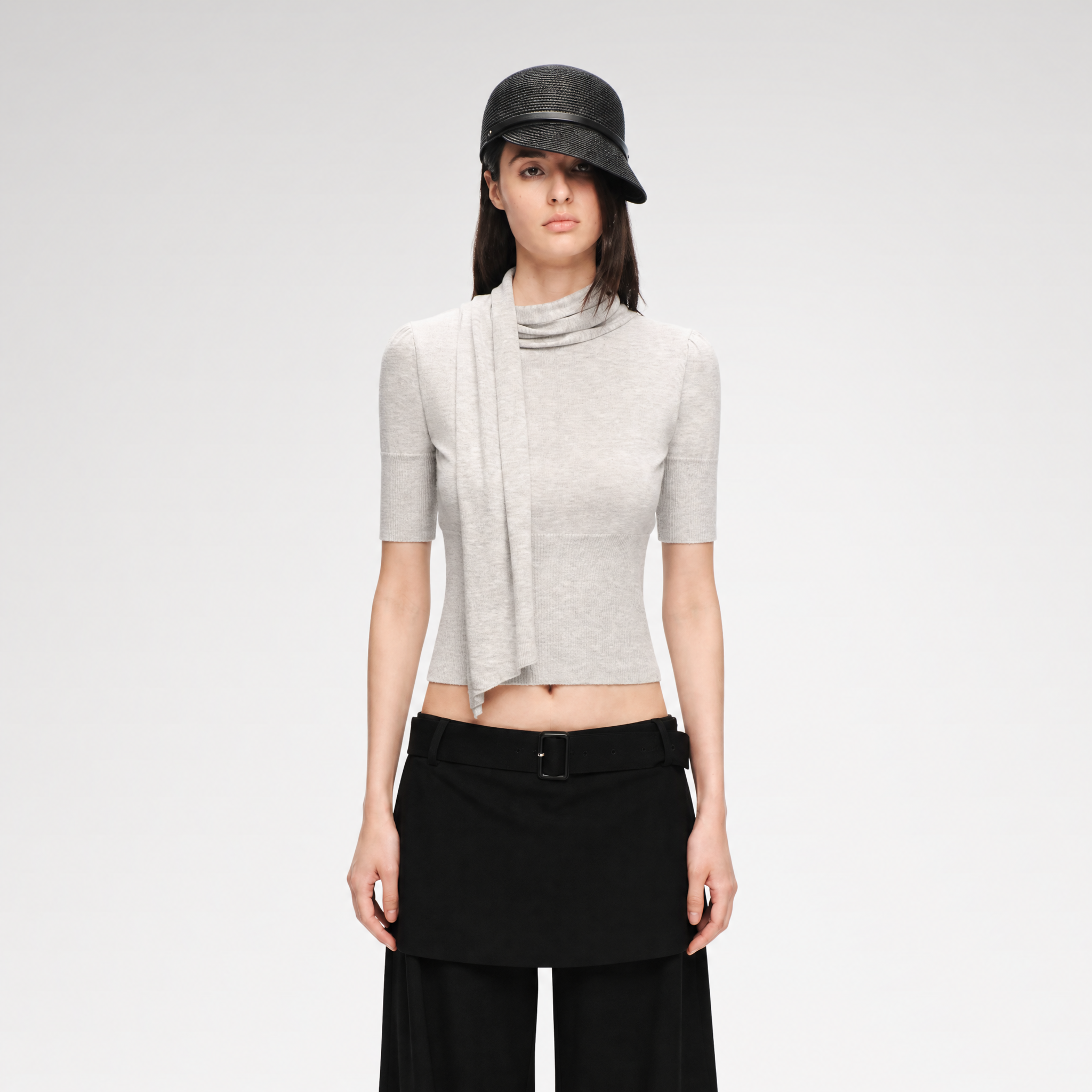 Wool-Blend Scarf-Neck Knit Top