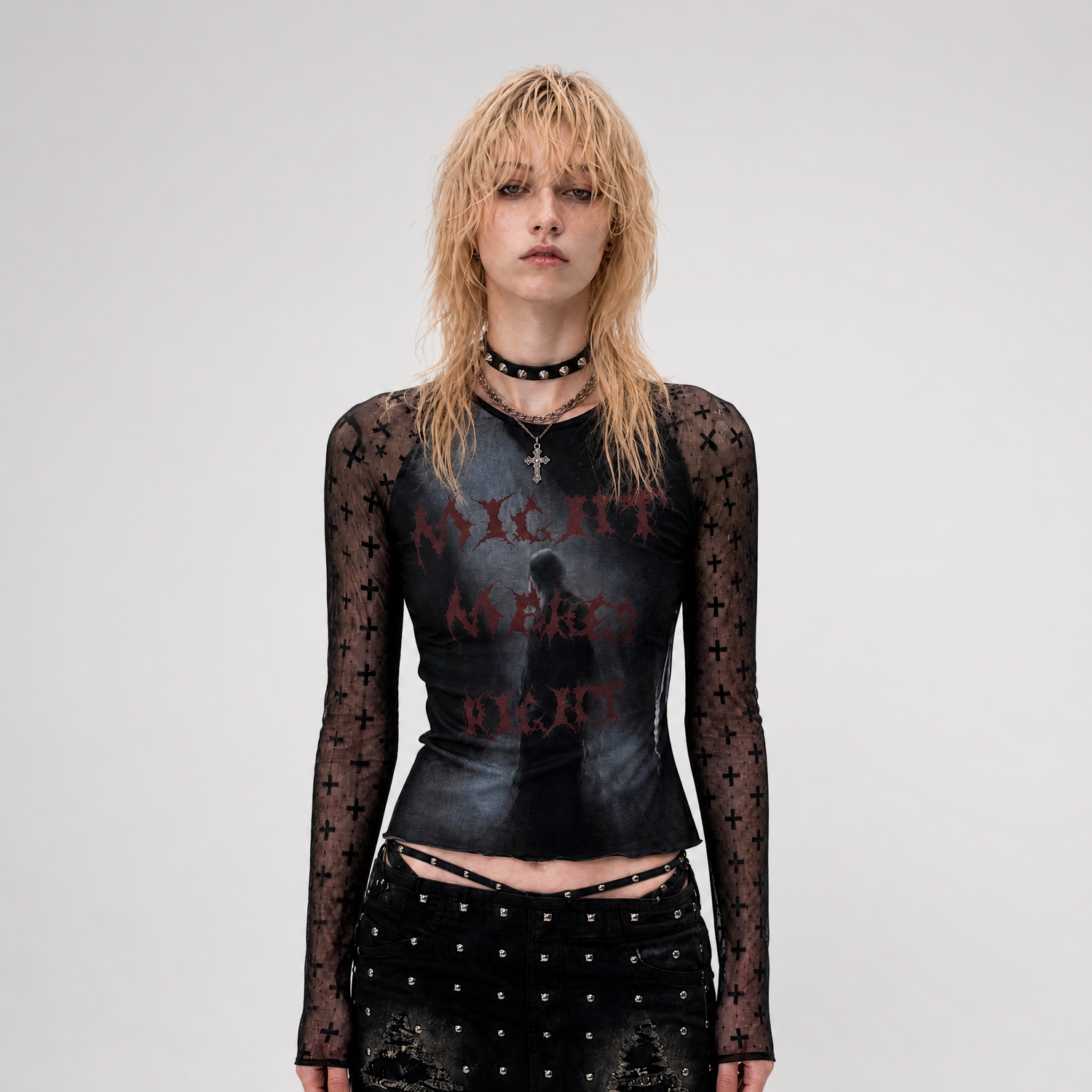 Sheer Graphic Cropped Long-Sleeve Tee