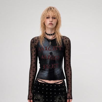 Sheer Graphic Cropped Long-Sleeve Tee