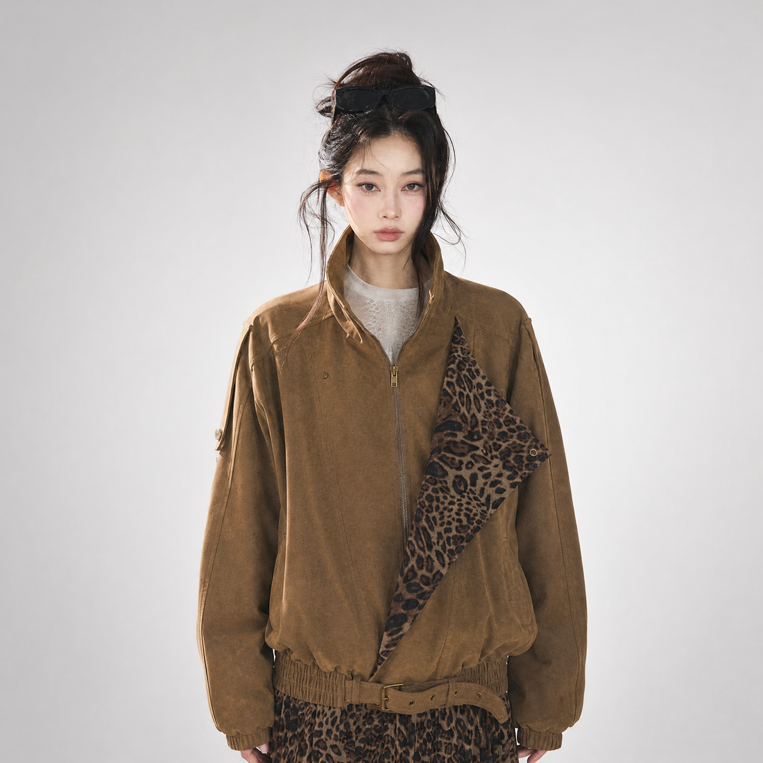 Matte Suede Leopard Bomber Jacket