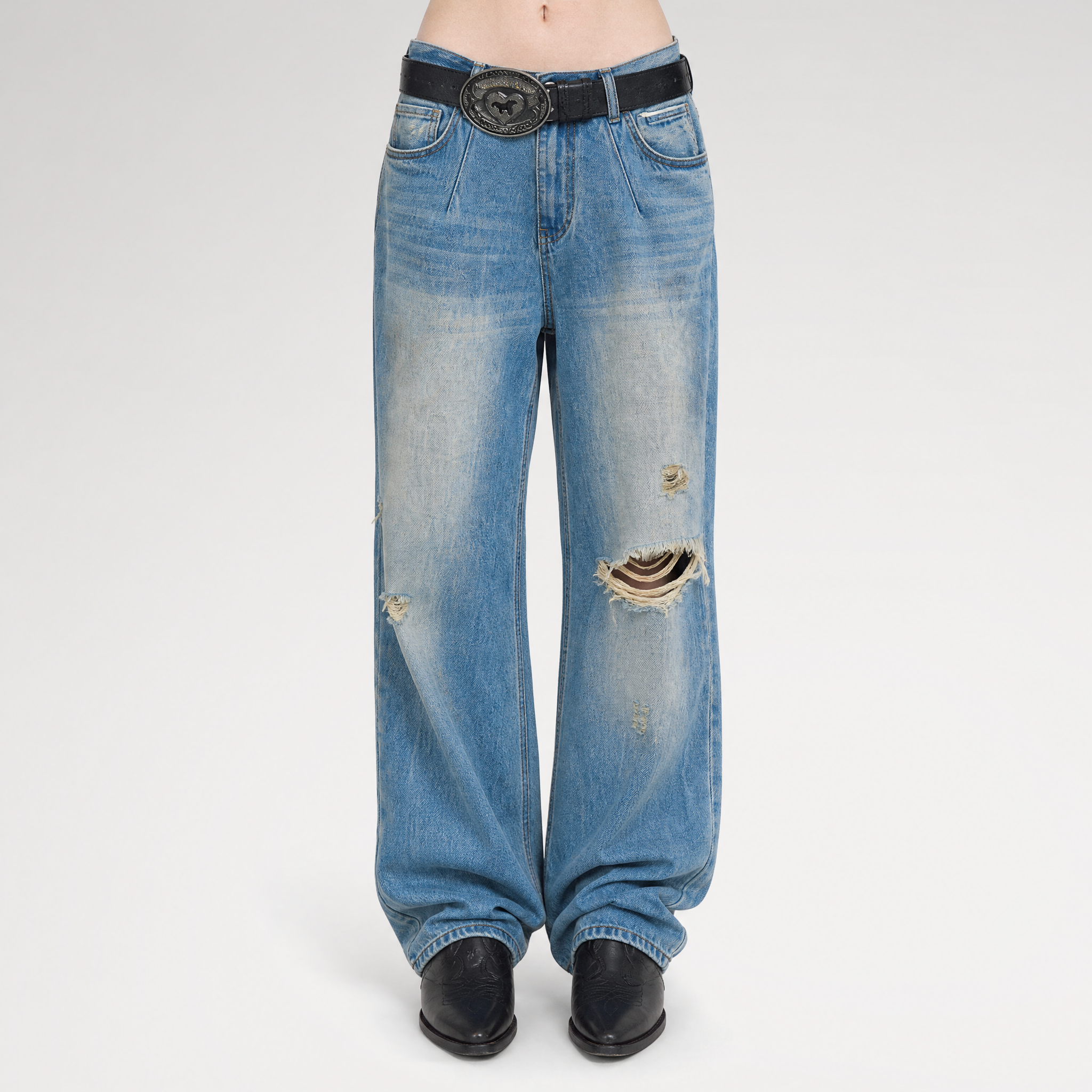 Washed Wide-Leg Ripped Jeans