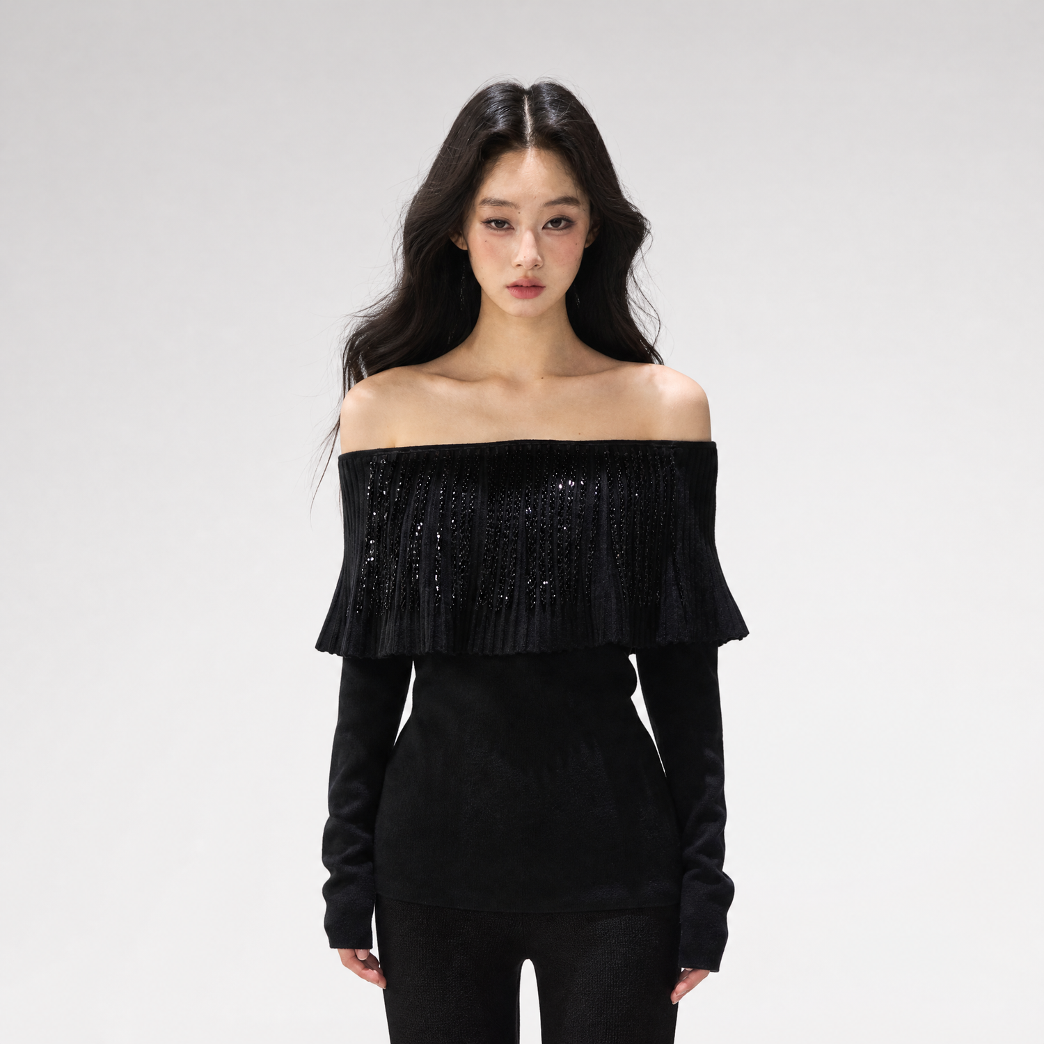 Pleated One-Shoulder Long-Sleeve Top