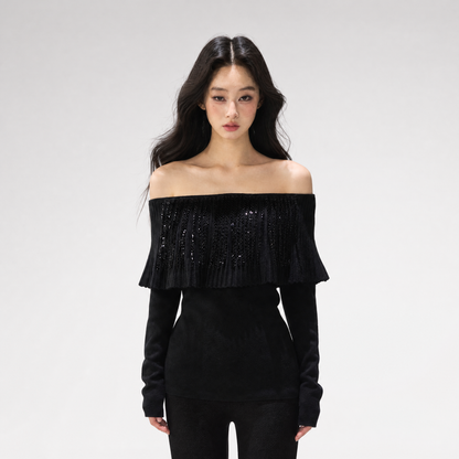 Pleated One-Shoulder Long-Sleeve Top