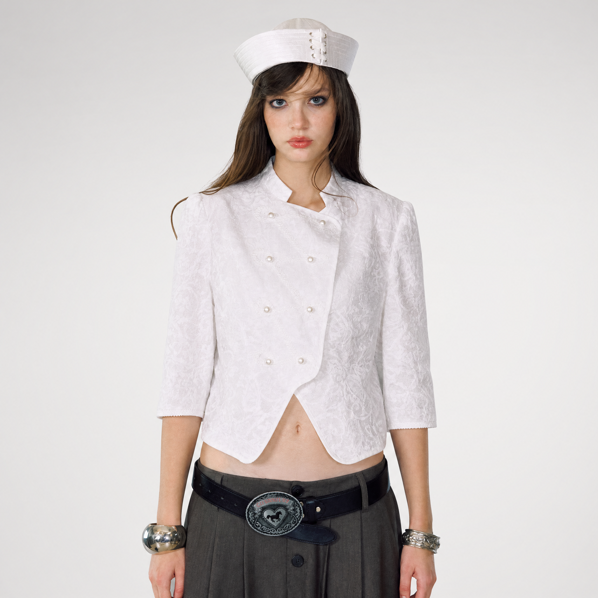 Pearl Frog-Closure Cropped Jacket