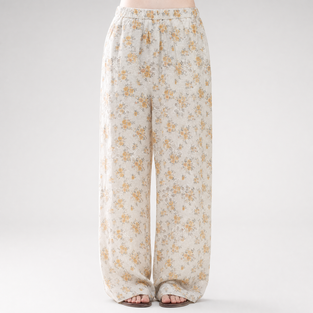 Laser-Cut Floral Wide-Leg Pants