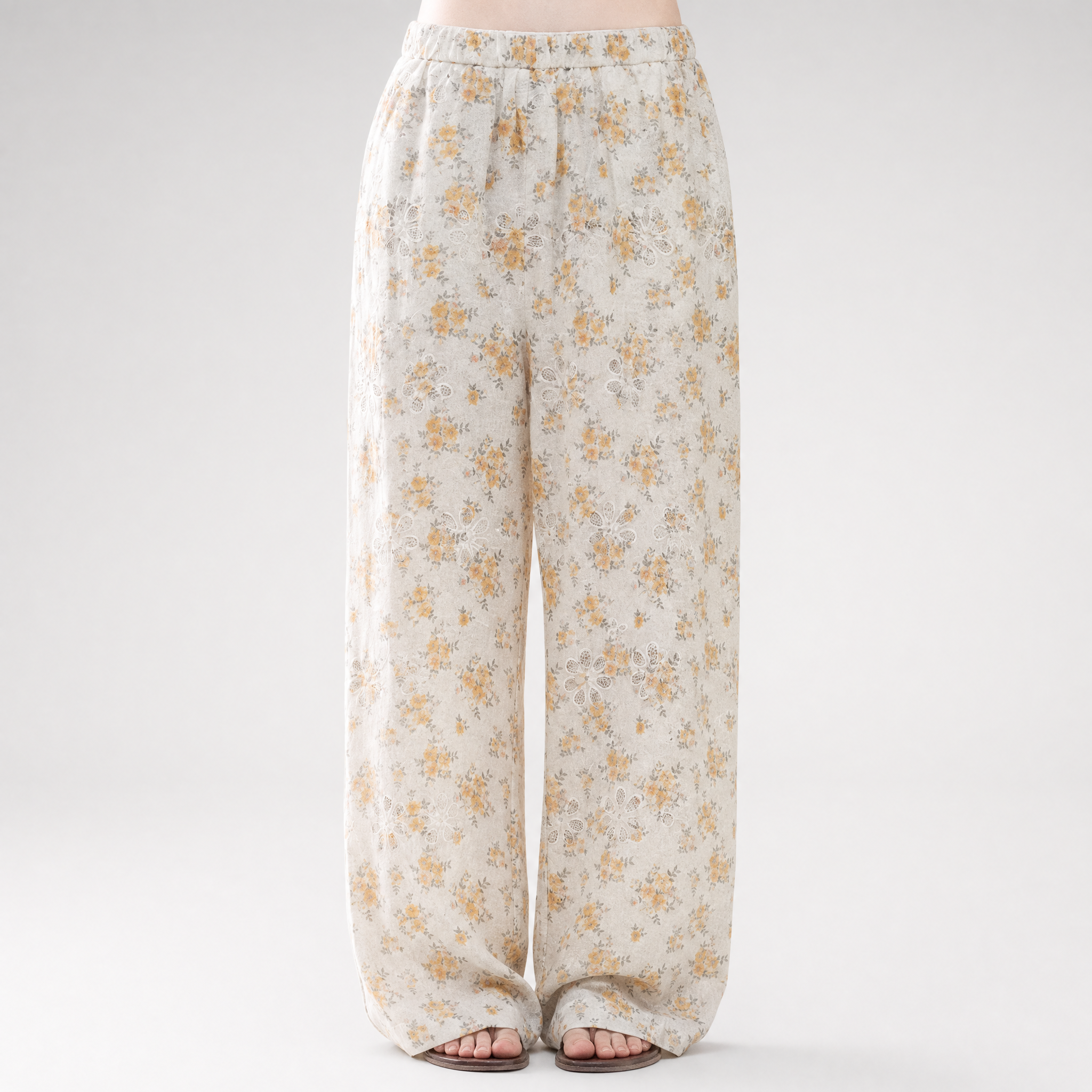 Laser-Cut Floral Wide-Leg Pants
