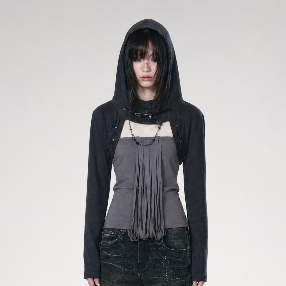 Distressed Hooded Knit Bustier Top
