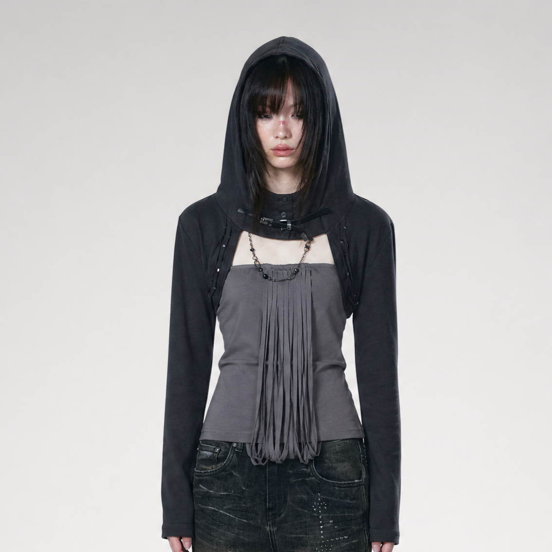 Distressed Hooded Knit Bustier Top