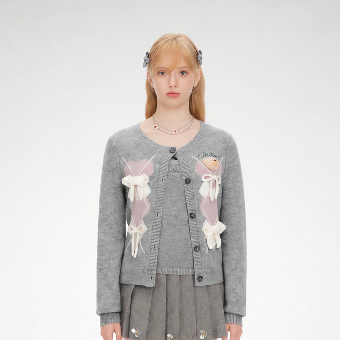 Diamond Knit Bow Cardigan Set