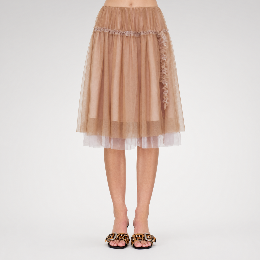 Layered Mesh Ruffle Midi Skirt