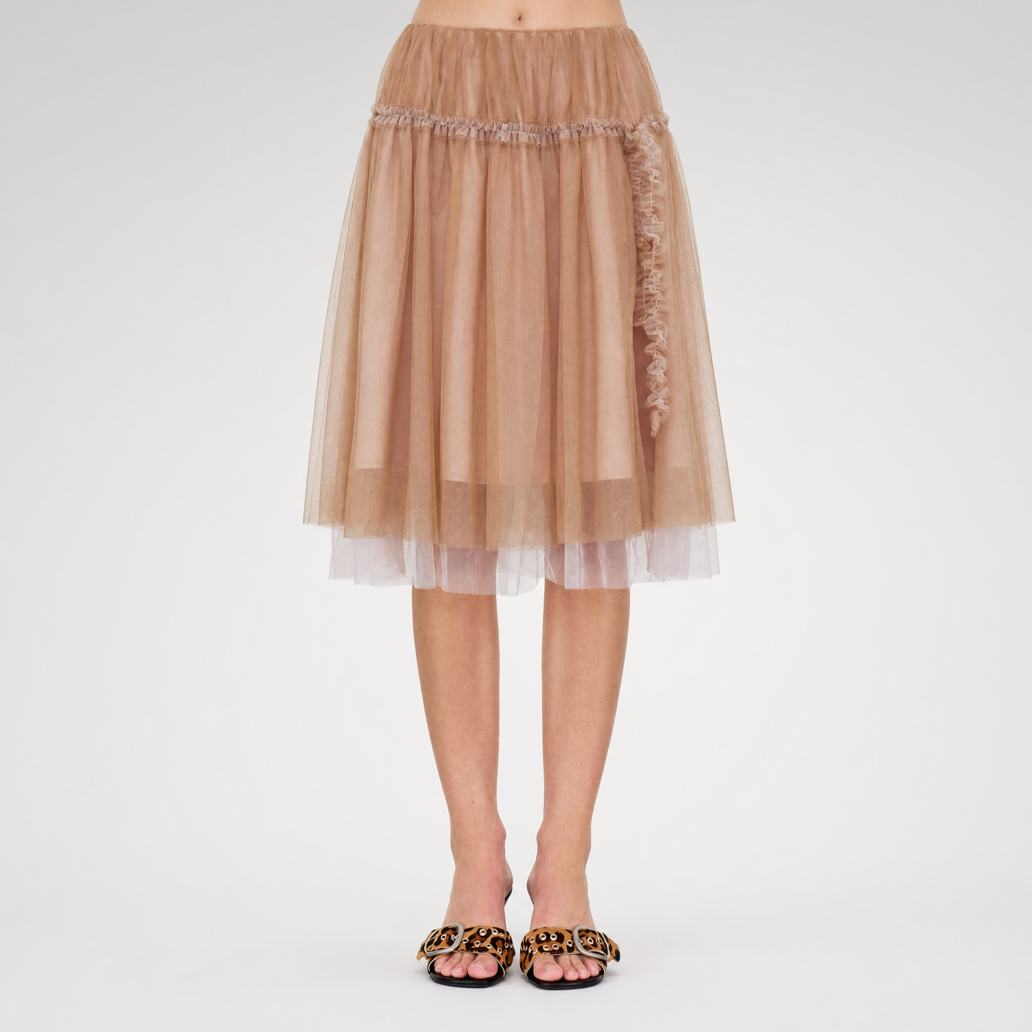Layered Mesh Ruffle Midi Skirt