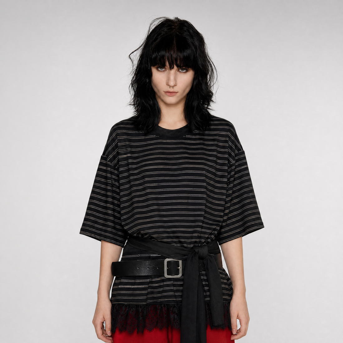 Striped Lace Hem T-Shirt