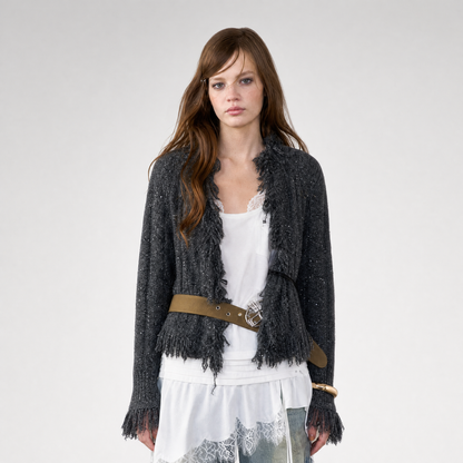 Sequined Fringe Knit Cardigan