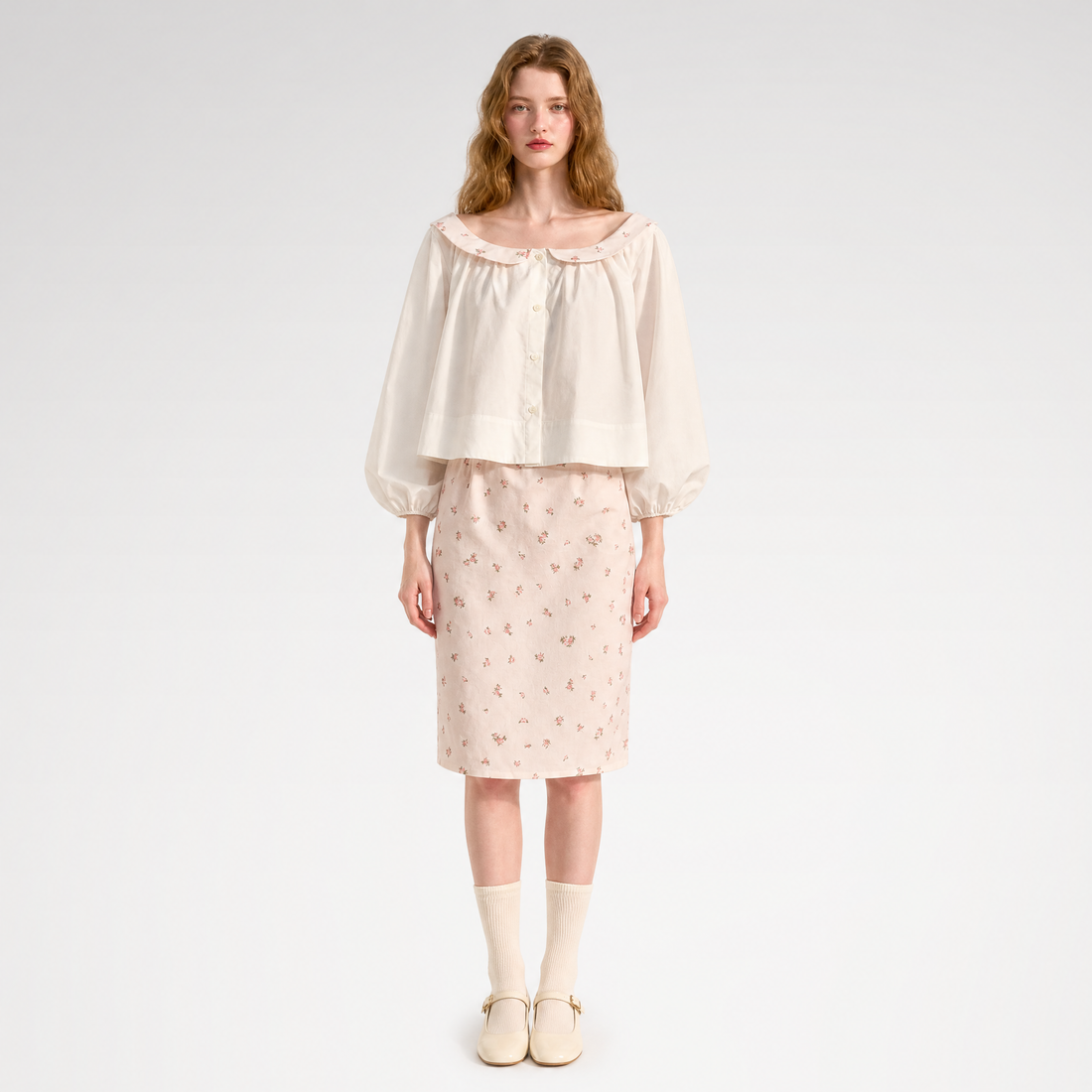 Floral Puff-Sleeve Blouse Skirt Set