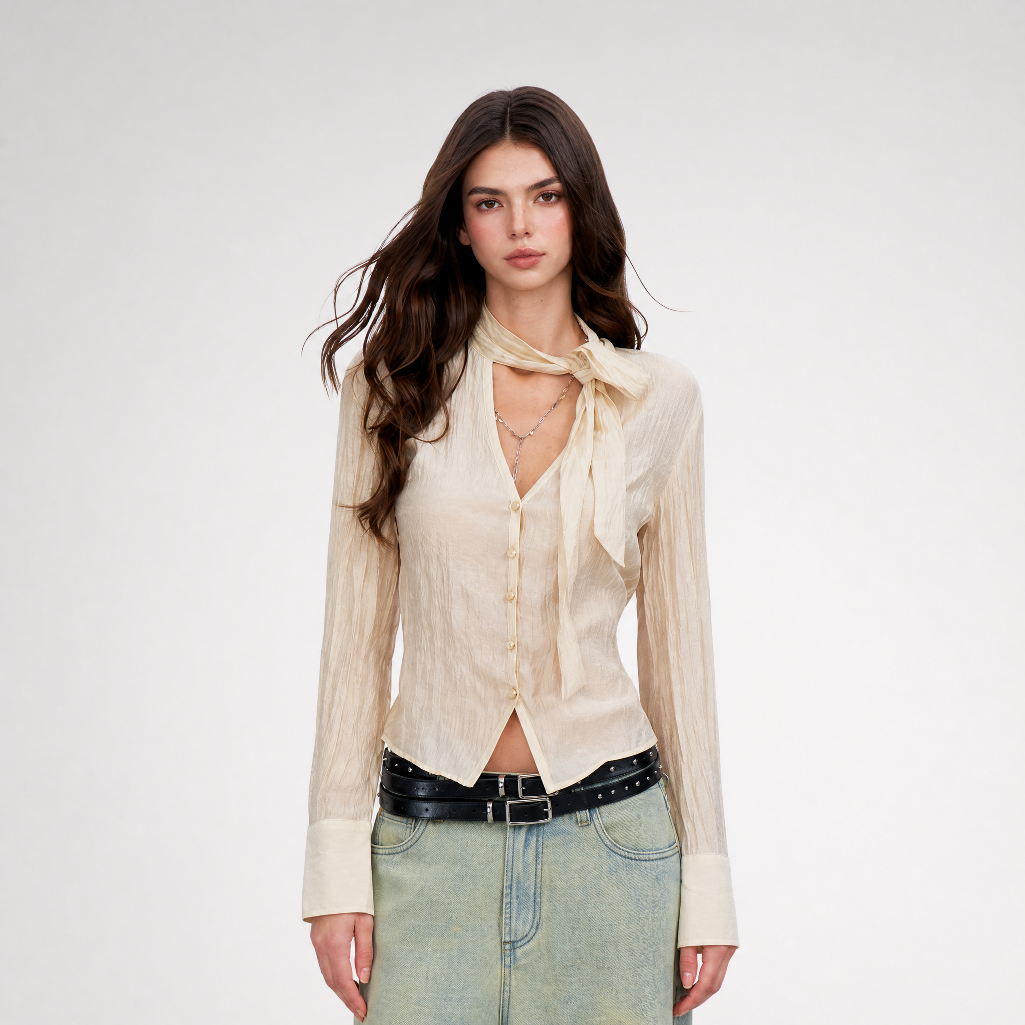 Crinkled Tie Waist Shirt