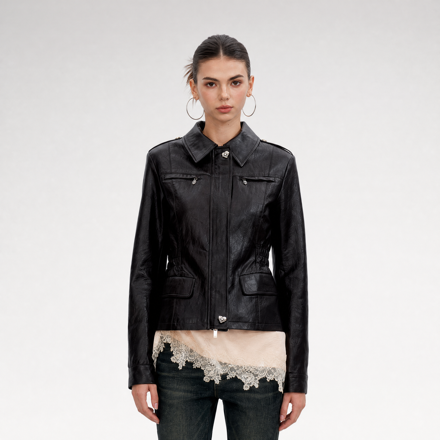 Distressed Cinched Waist PU Jacket