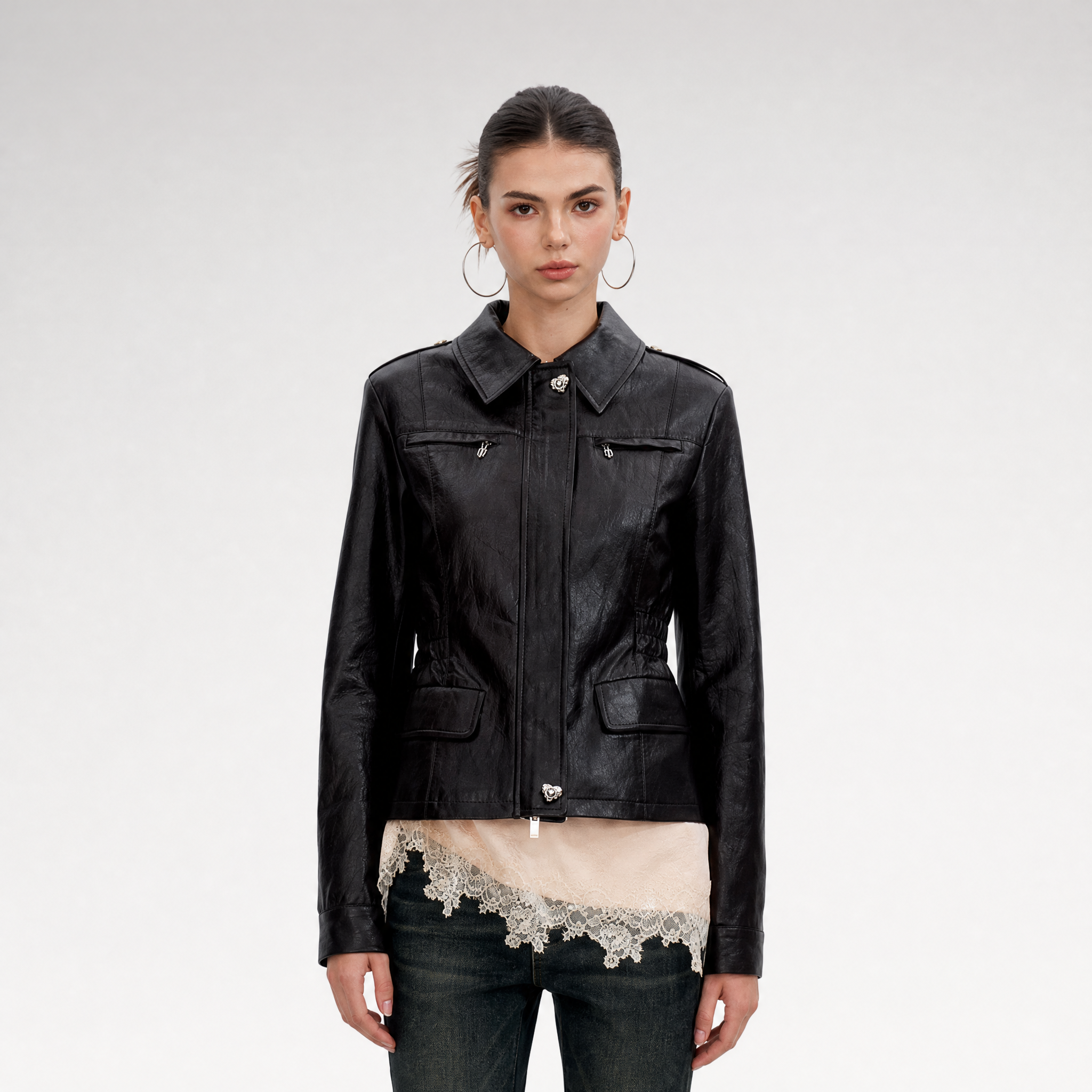 Distressed Cinched Waist PU Jacket