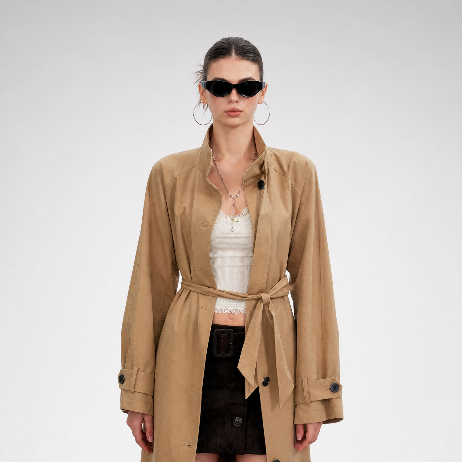 Sandwashed Tie-Waist Trench Coat