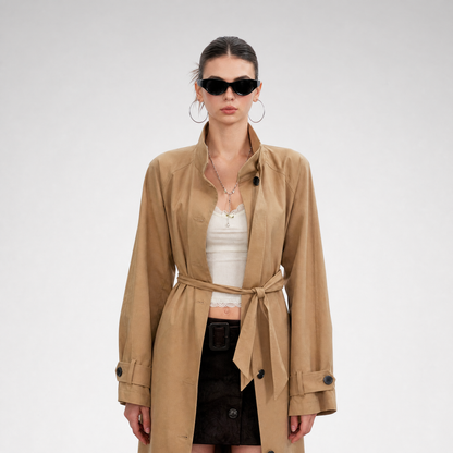 Sandwashed Tie-Waist Trench Coat