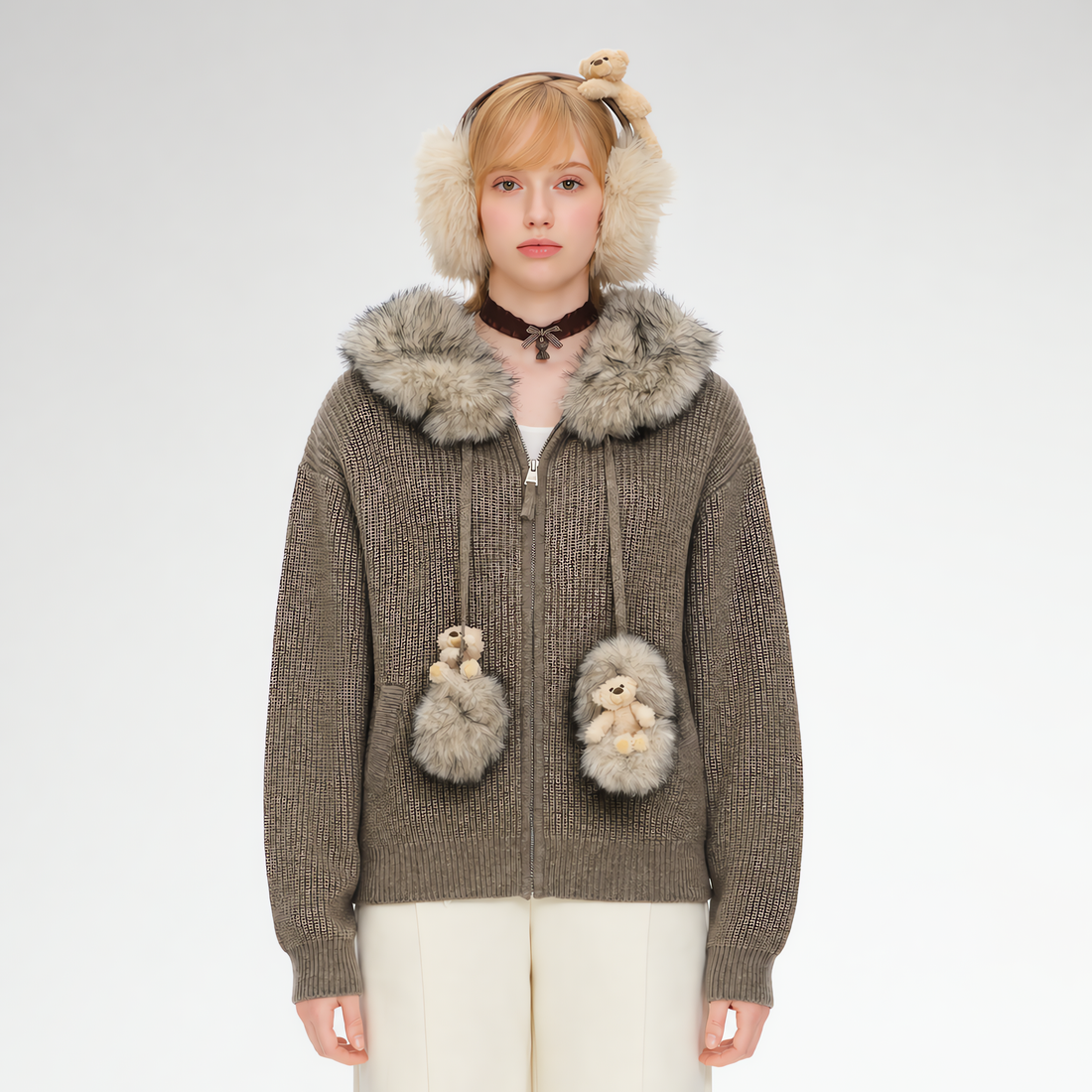 Pom-Pom Hooded Knit Sweater