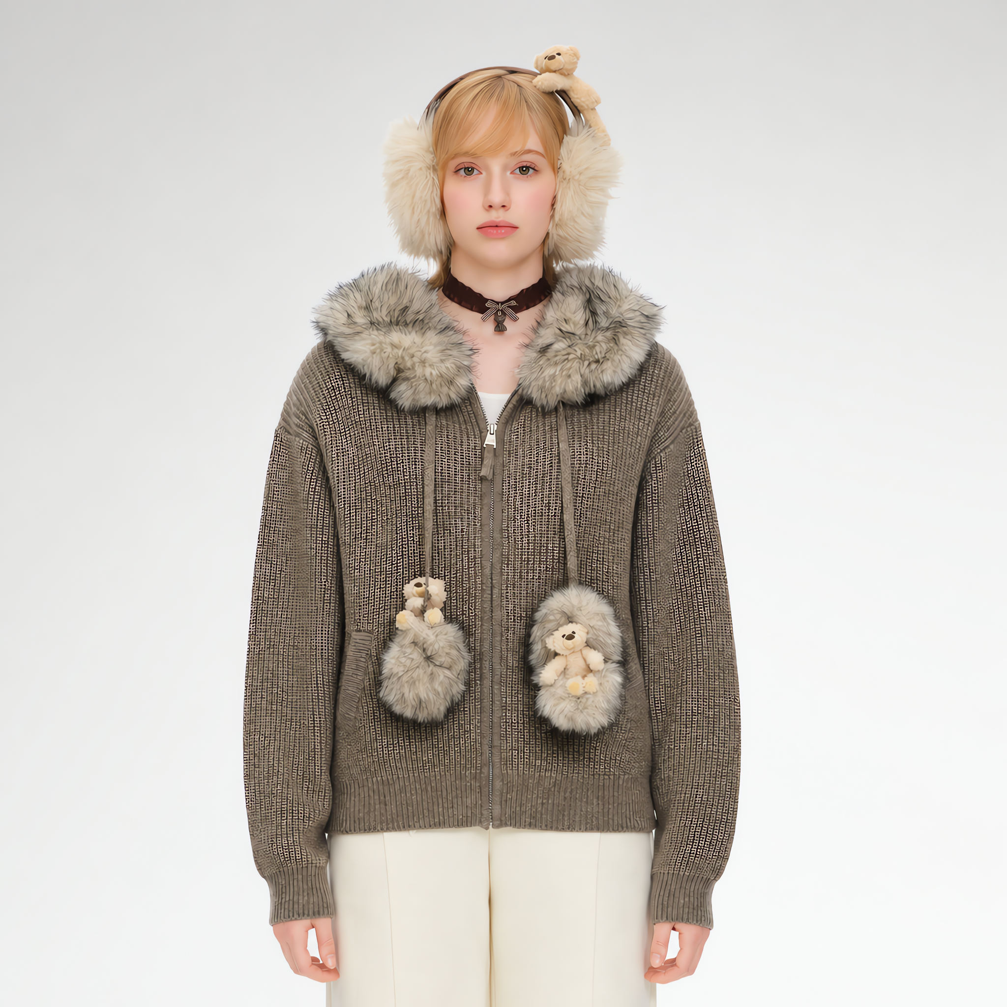 Pom-Pom Hooded Knit Sweater