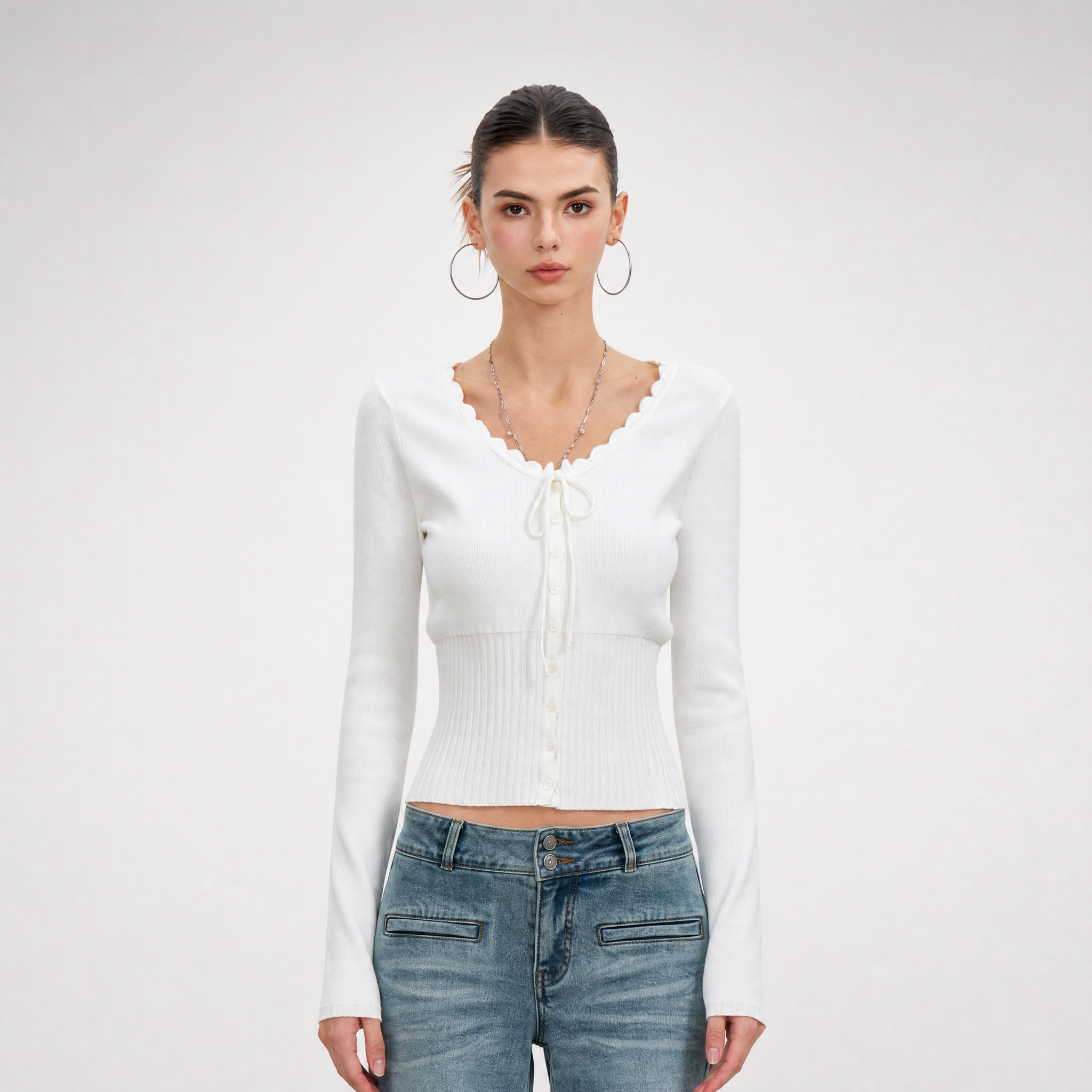 Ribbed Lace-Trim Fitted Knit Top