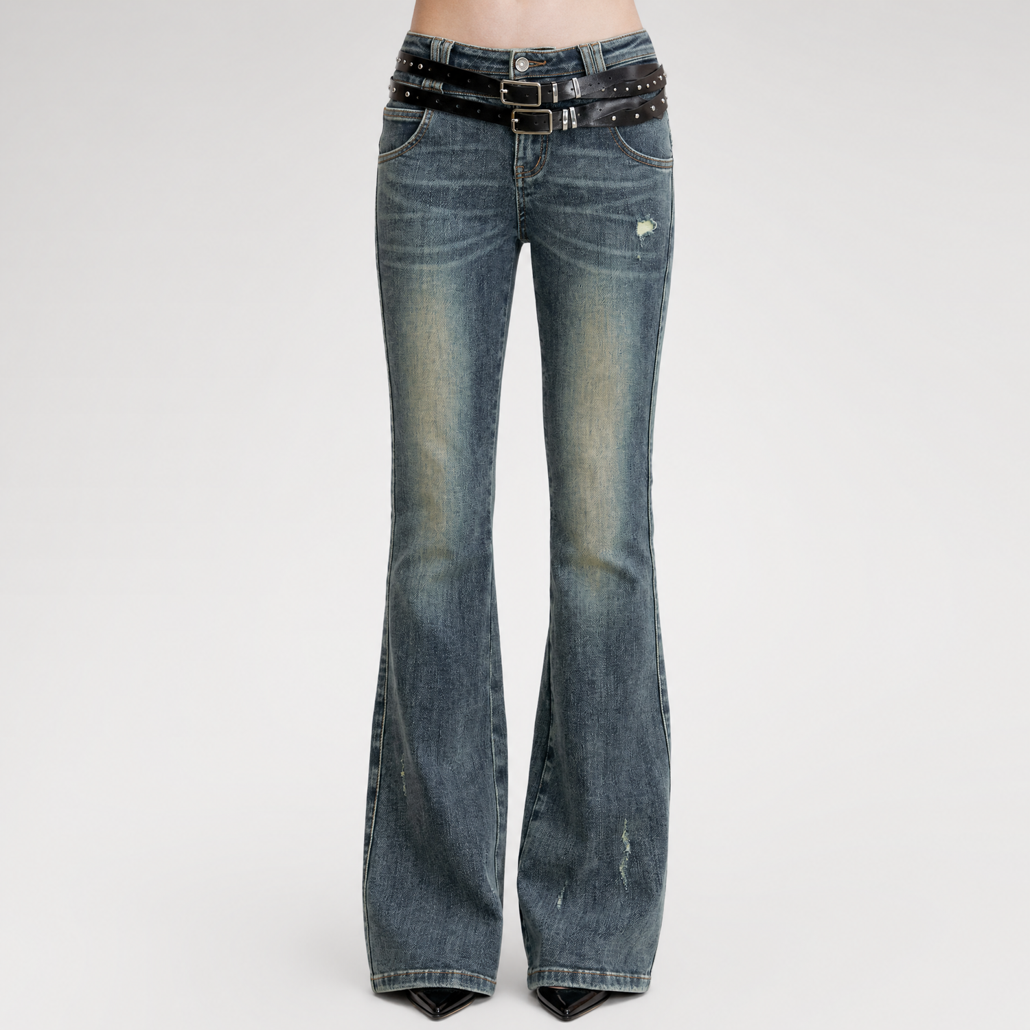 Washed Whisker Flared Jeans