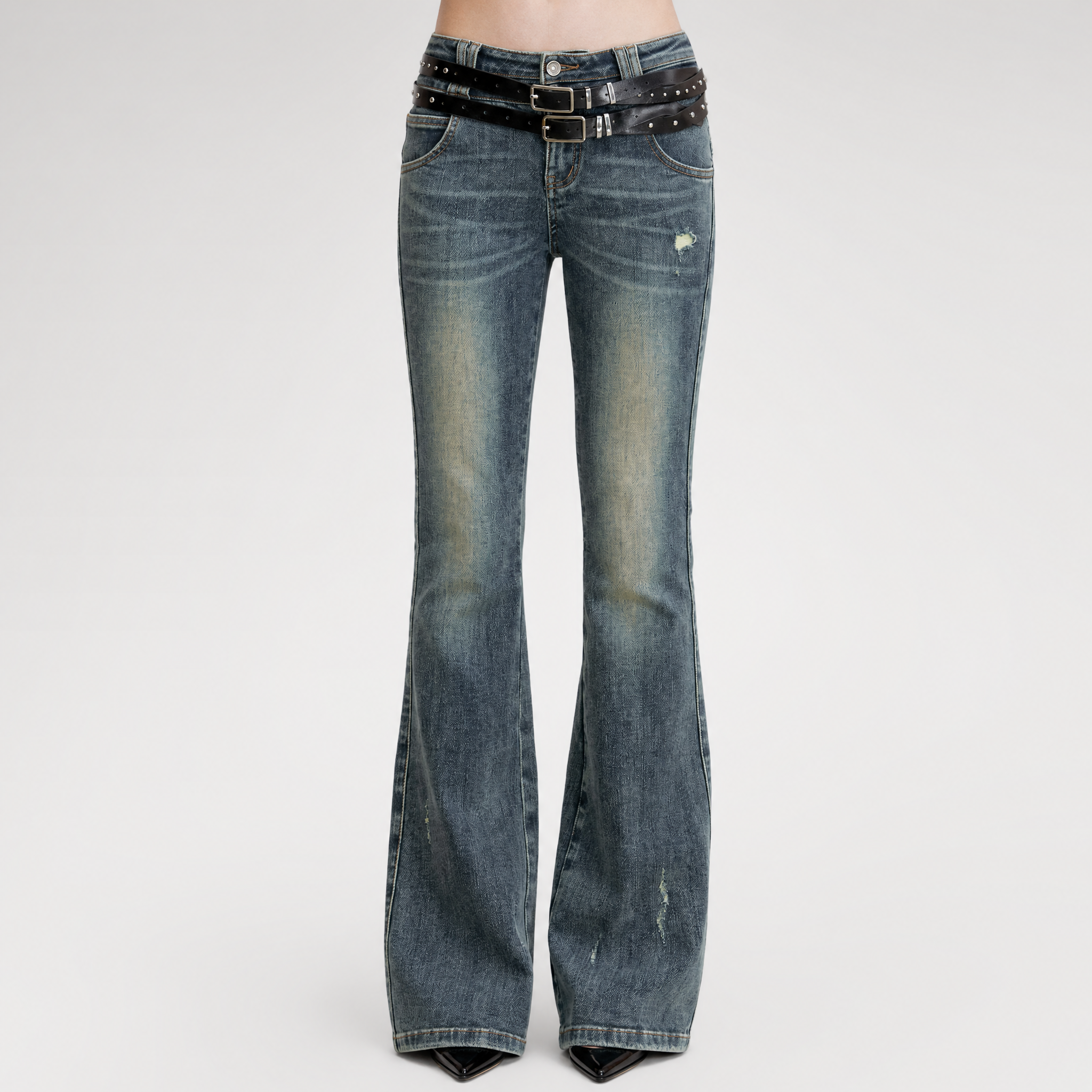 Washed Whisker Flared Jeans