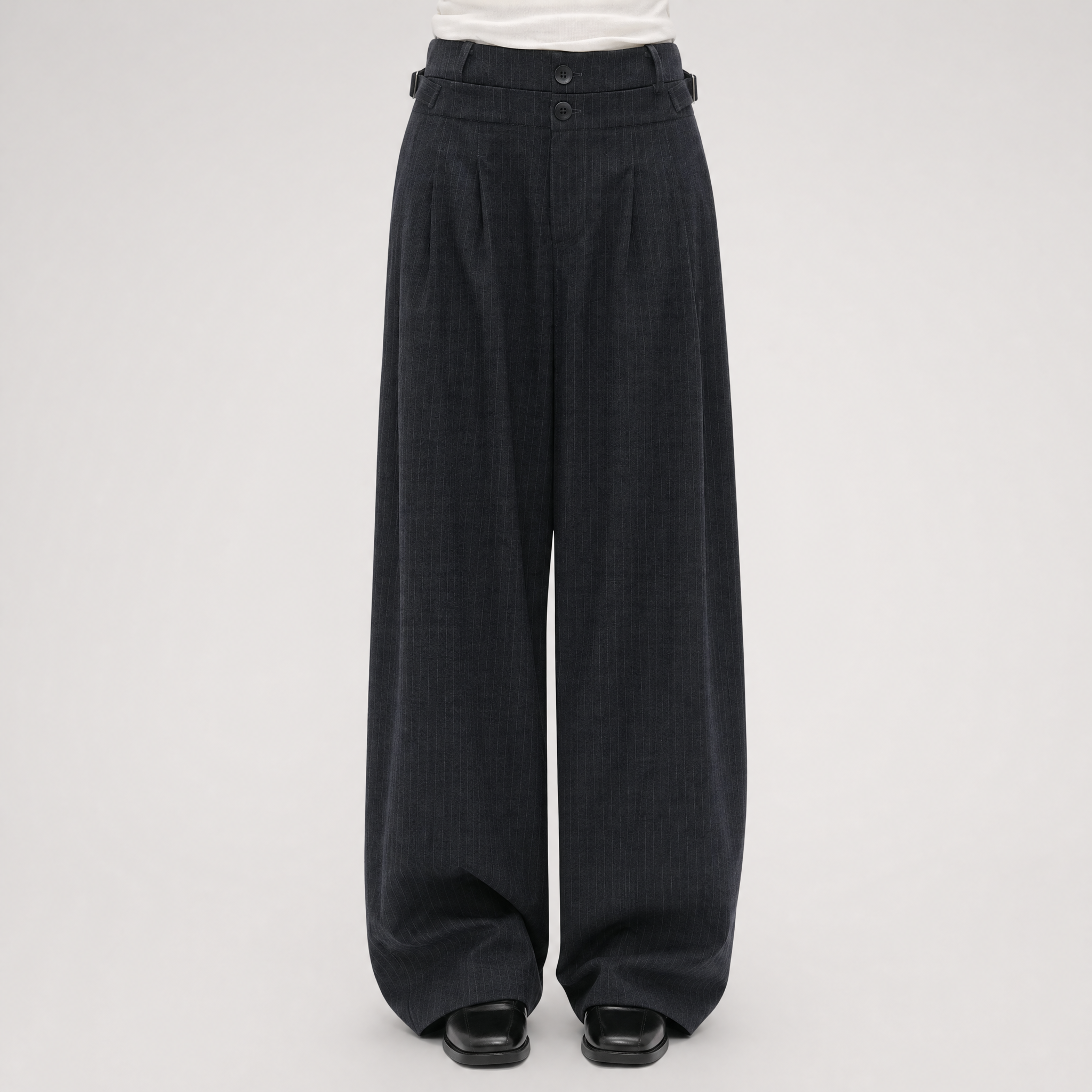 Pinstriped Pleated Wide-Leg Trousers