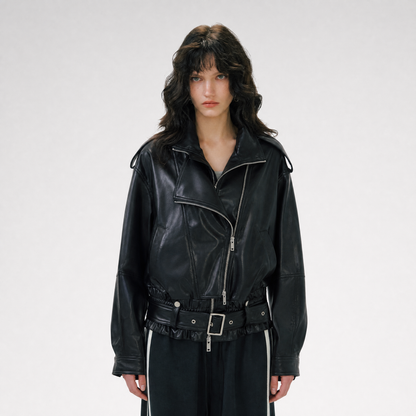 Leather-Look Cropped Motorcycle Jacket