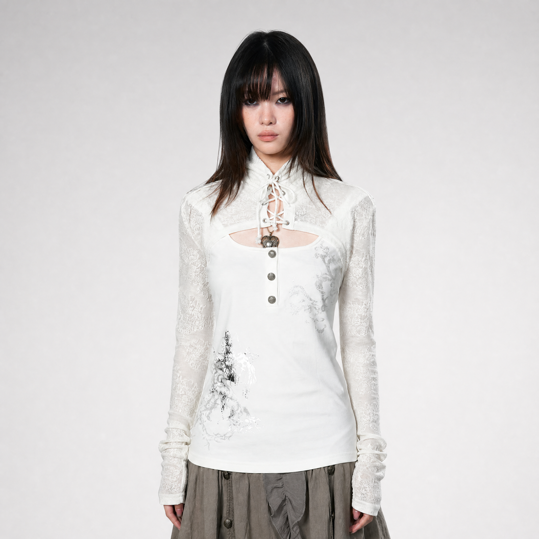 Silver Foil Gothic Lace-Up Top