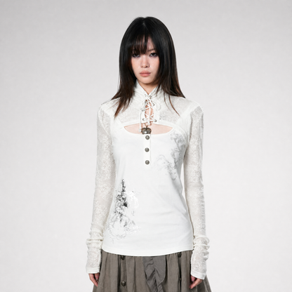 Silver Foil Gothic Lace-Up Top