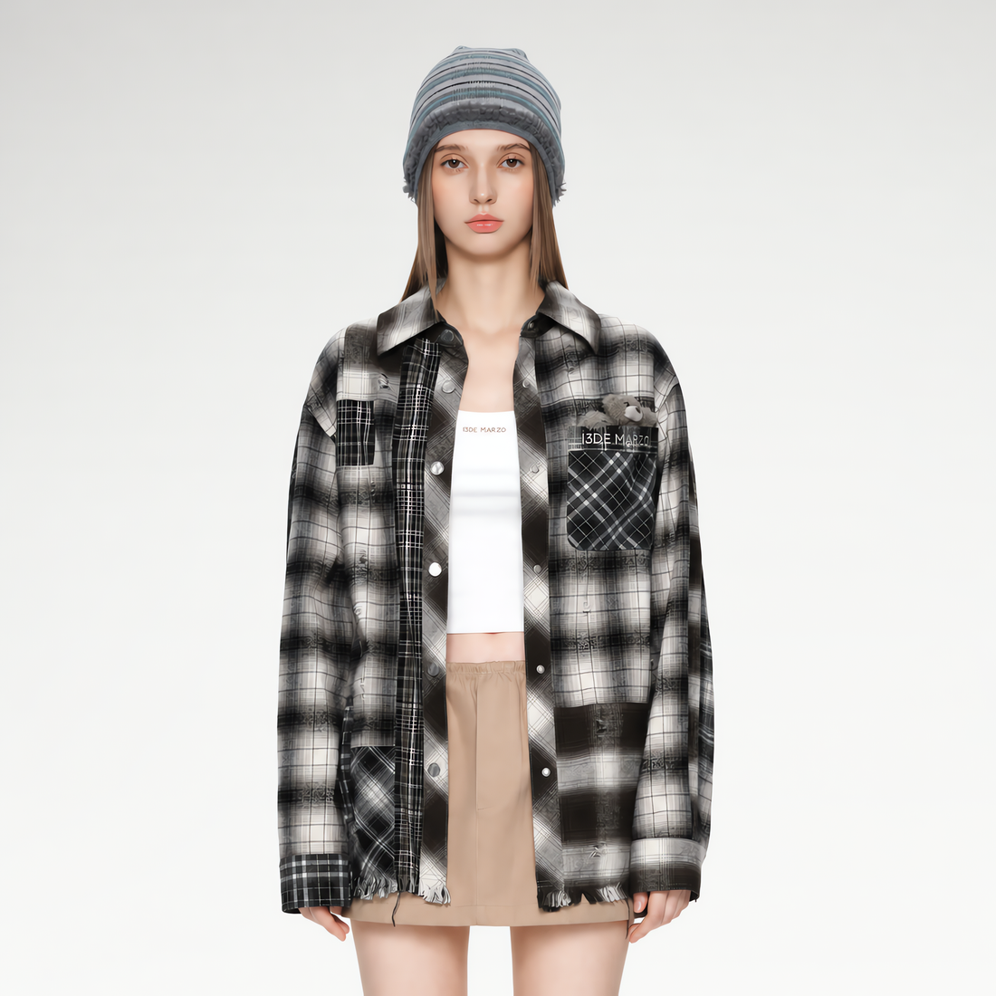 Distressed Patchwork Plaid Overshirt