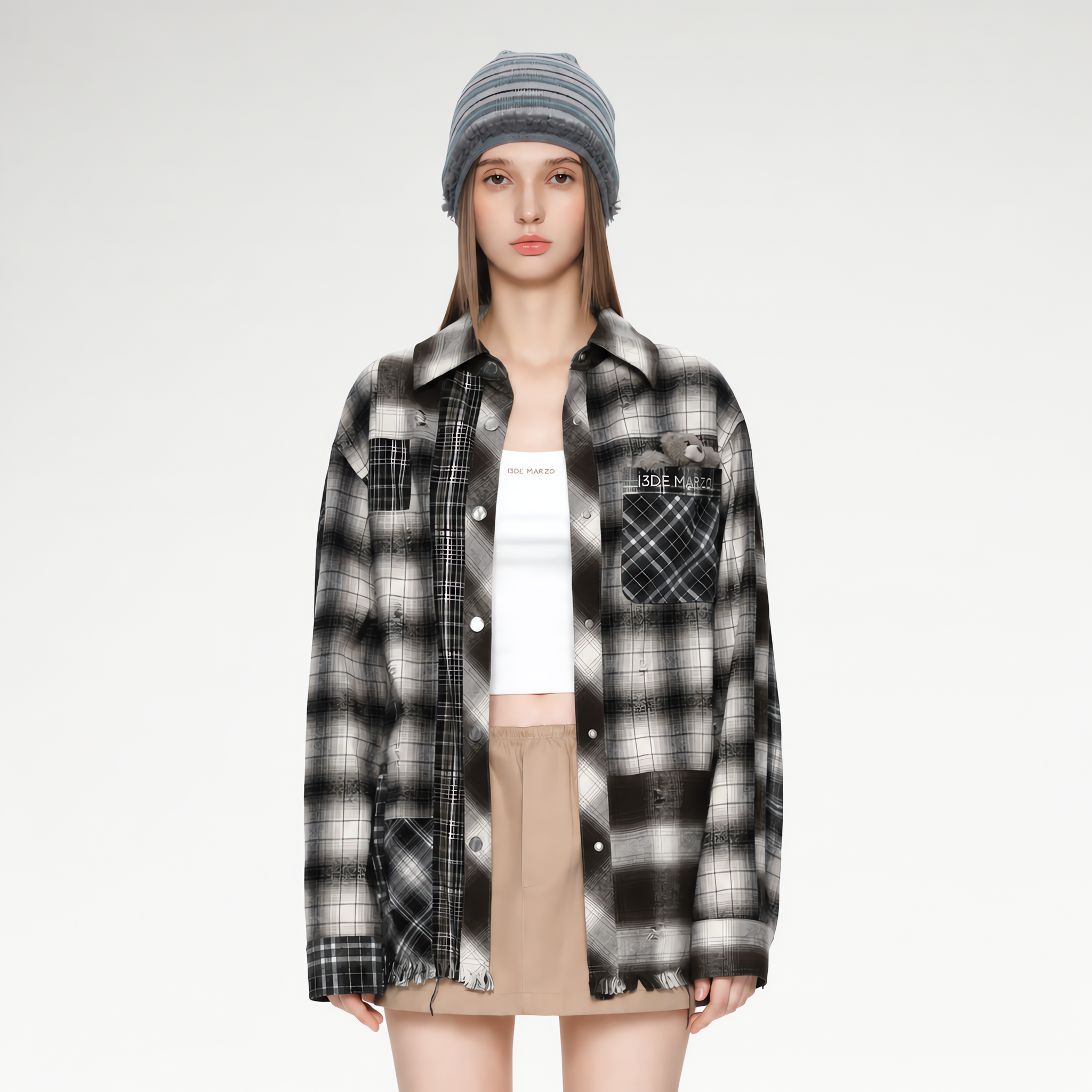 Distressed Patchwork Plaid Overshirt
