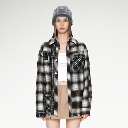 Distressed Patchwork Plaid Overshirt