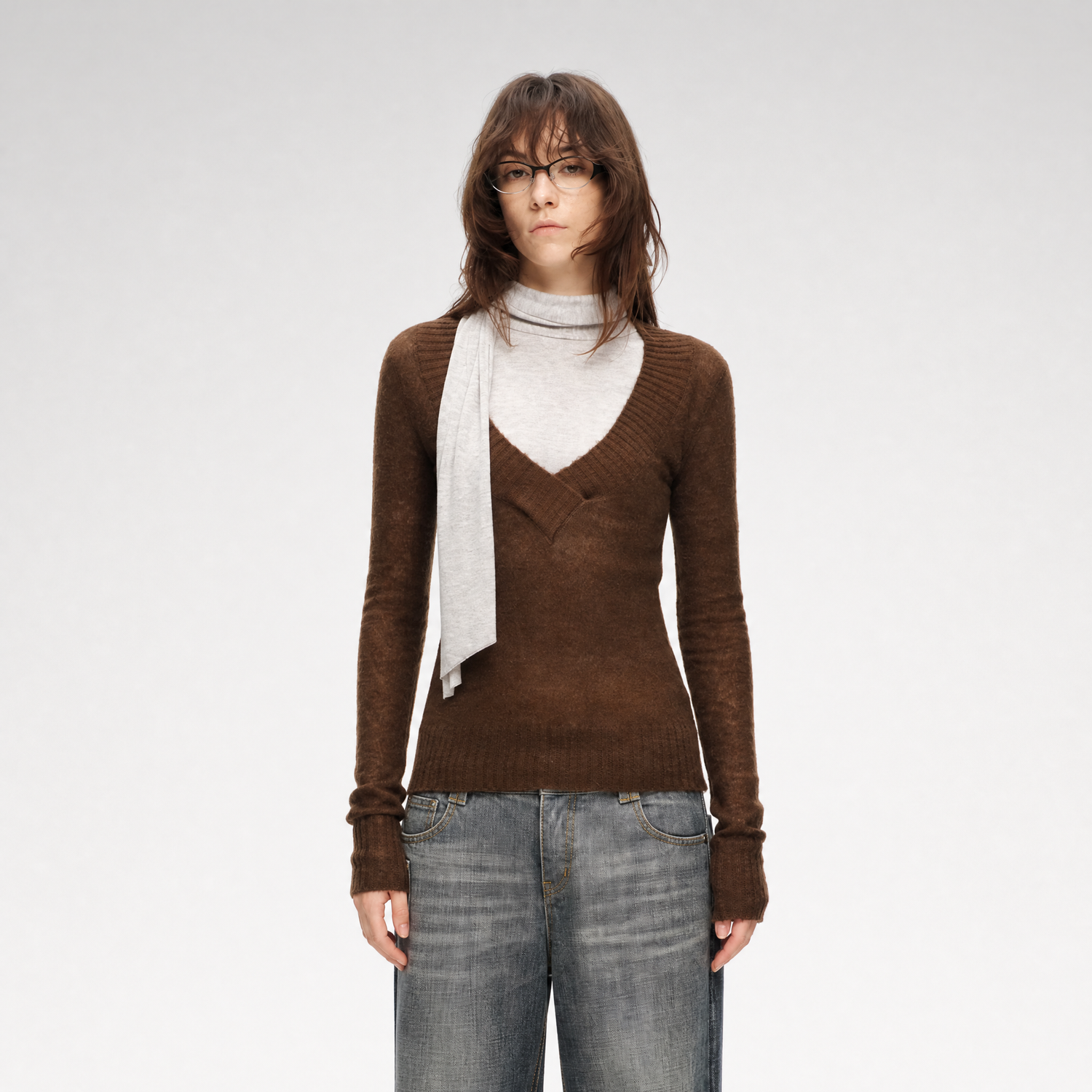 Faux Mohair Deep-V Sweater