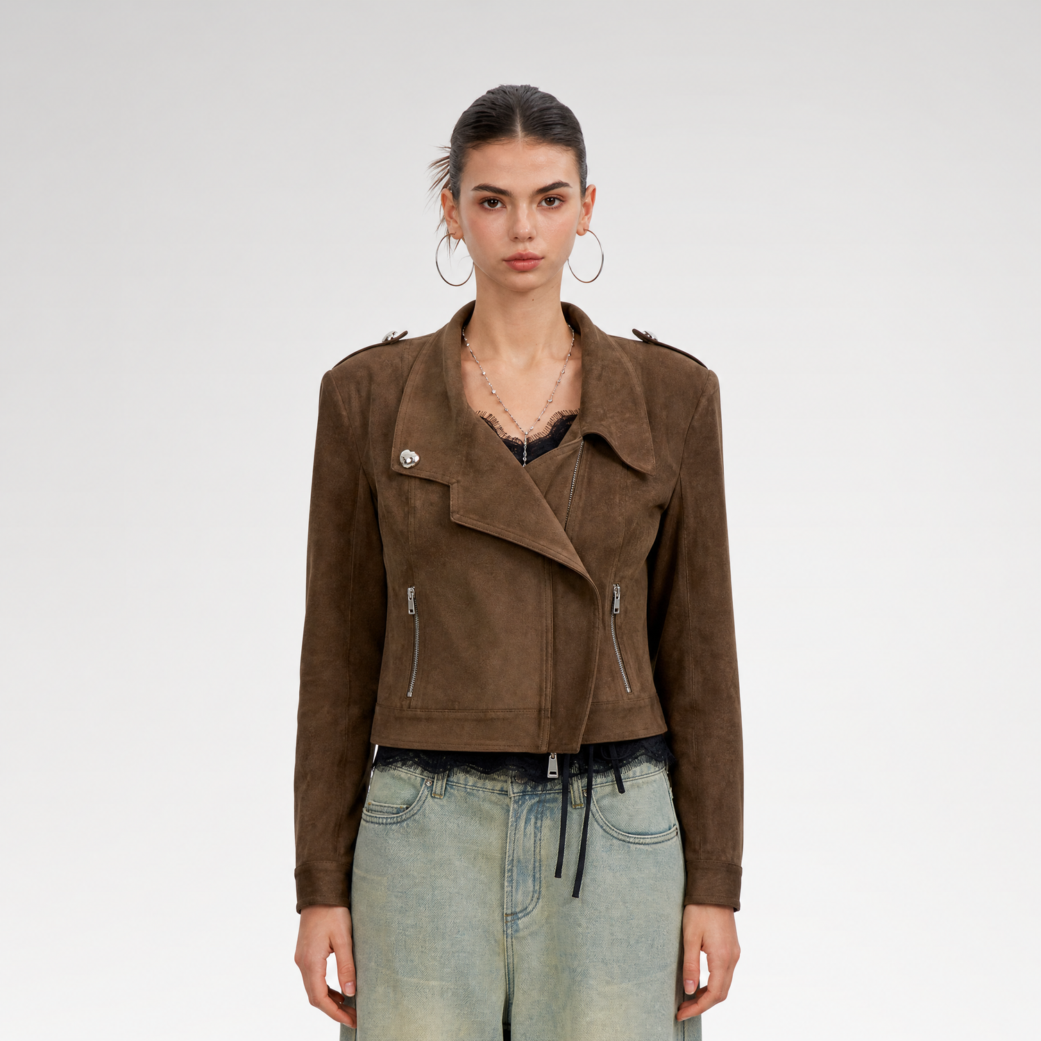 Suede-Effect Asymmetric Cropped Jacket