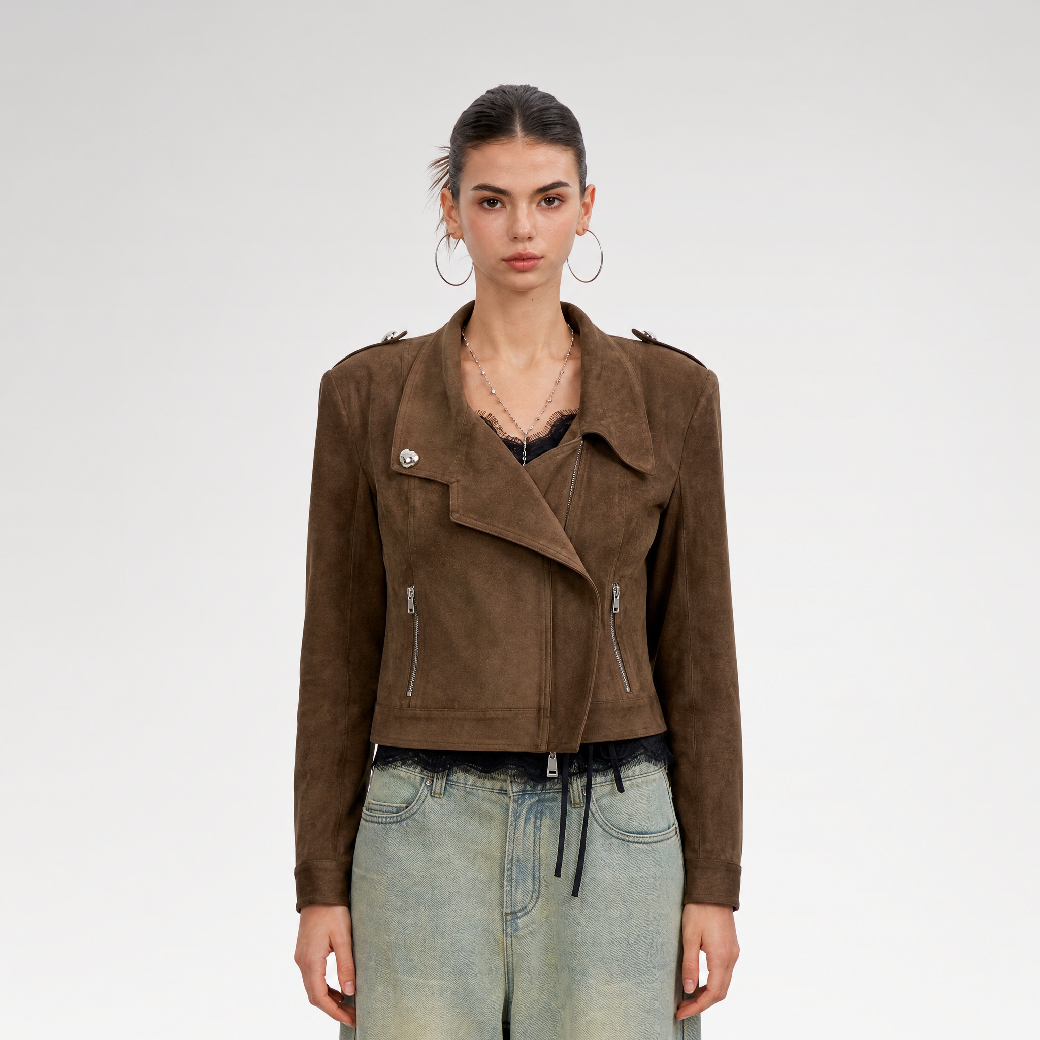 Suede-Effect Asymmetric Cropped Jacket