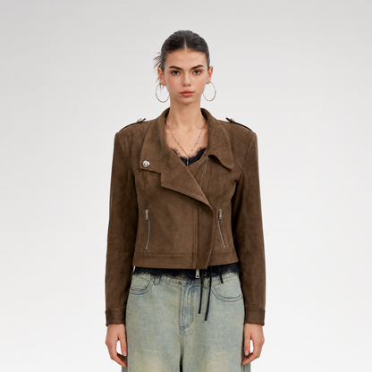 Suede-Effect Asymmetric Cropped Jacket