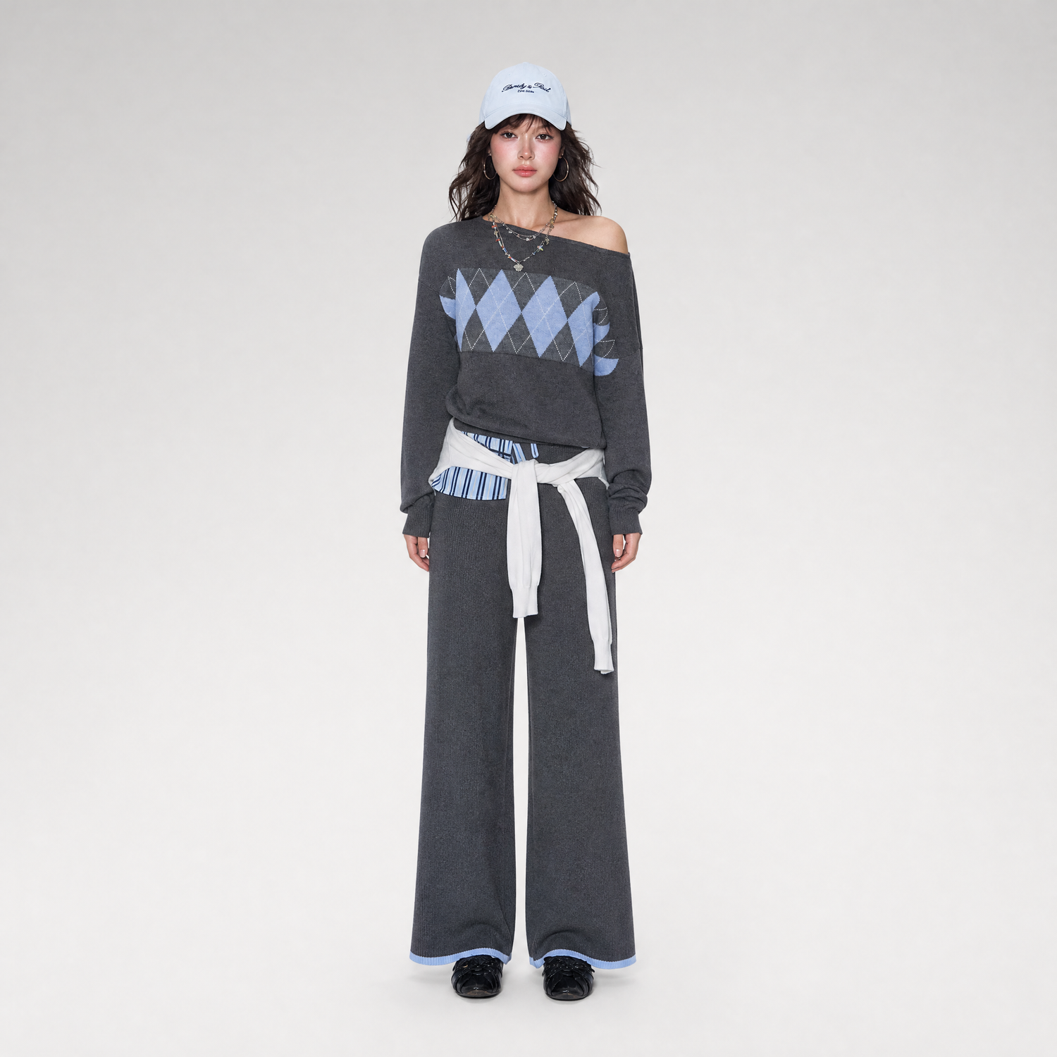 Argyle Off-Shoulder Knit Set