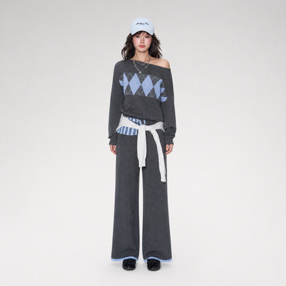 Argyle Off-Shoulder Knit Set