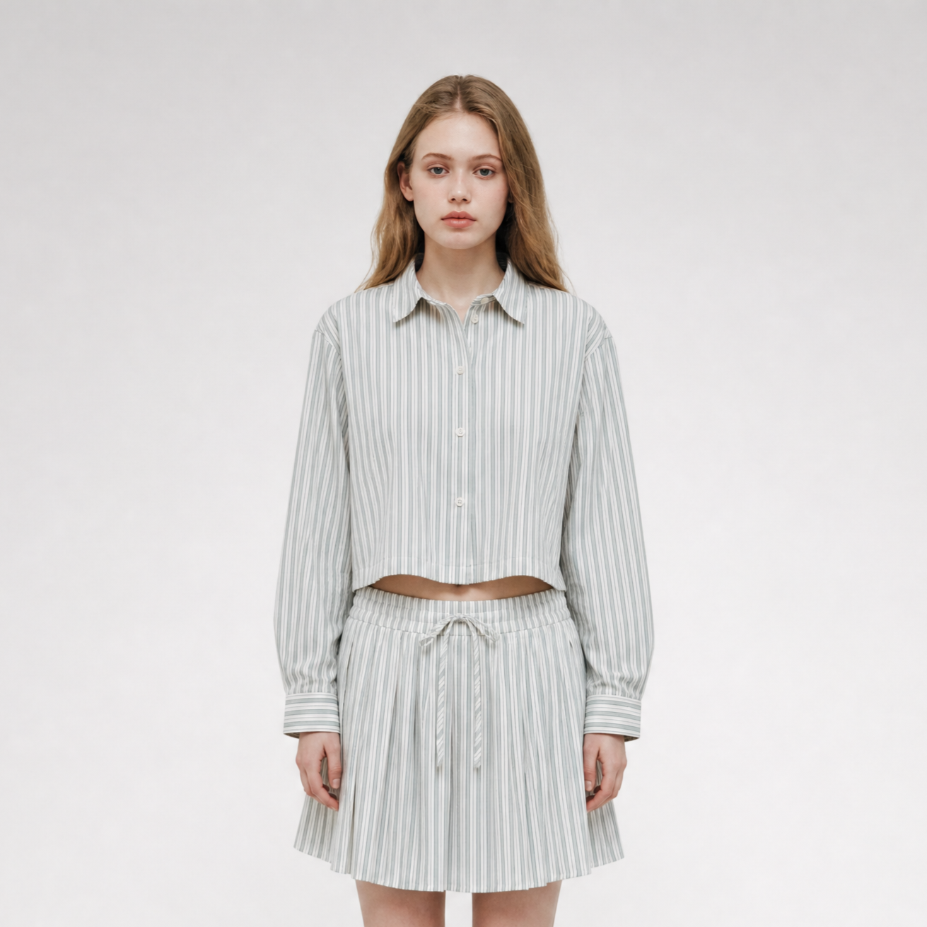 Striped Cropped Shirt Skirt Set