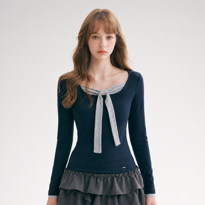 Striped Faux-Layer Fitted Top