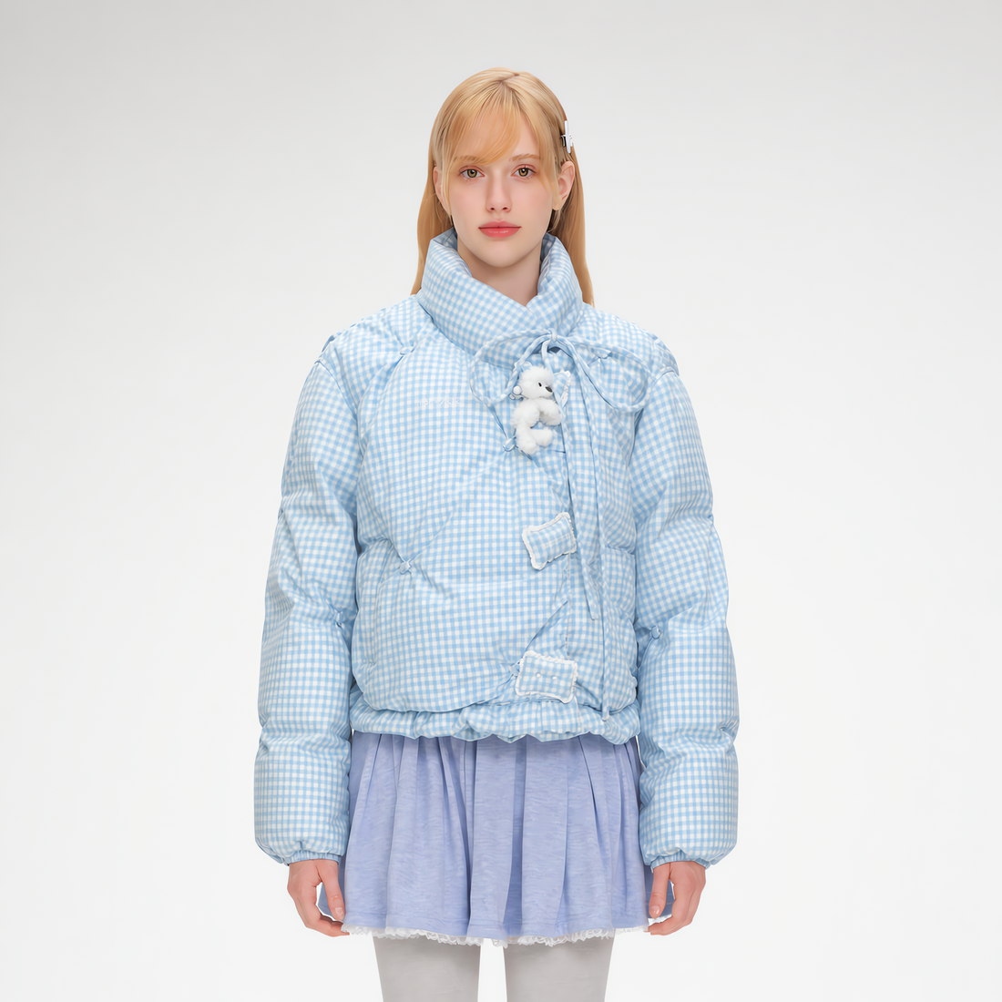 Gingham Puffy Stand-Collar Down Jacket