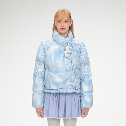 Gingham Puffy Stand-Collar Down Jacket