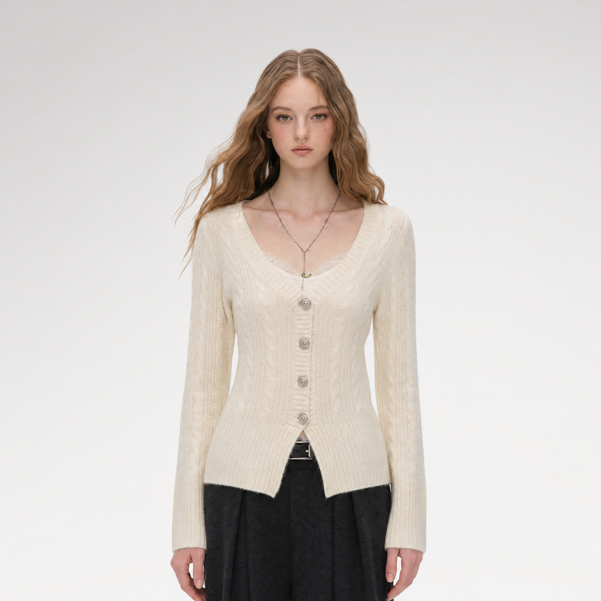 Brushed Cable-Knit Fitted Cardigan