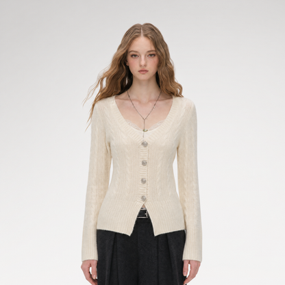 Brushed Cable-Knit Fitted Cardigan