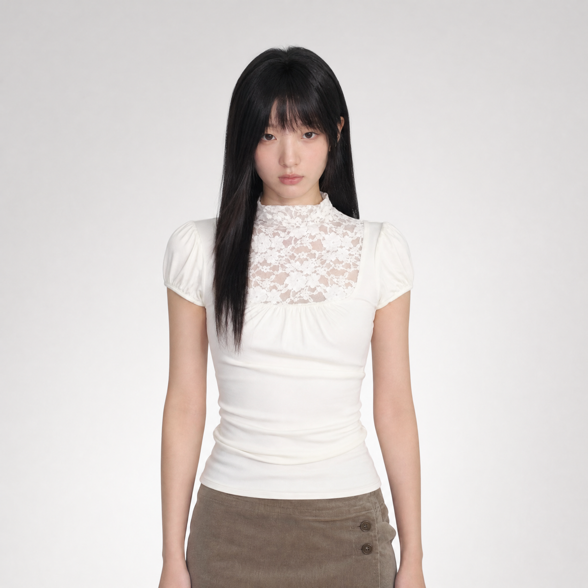 Lace Yoke Ruched Fitted Top